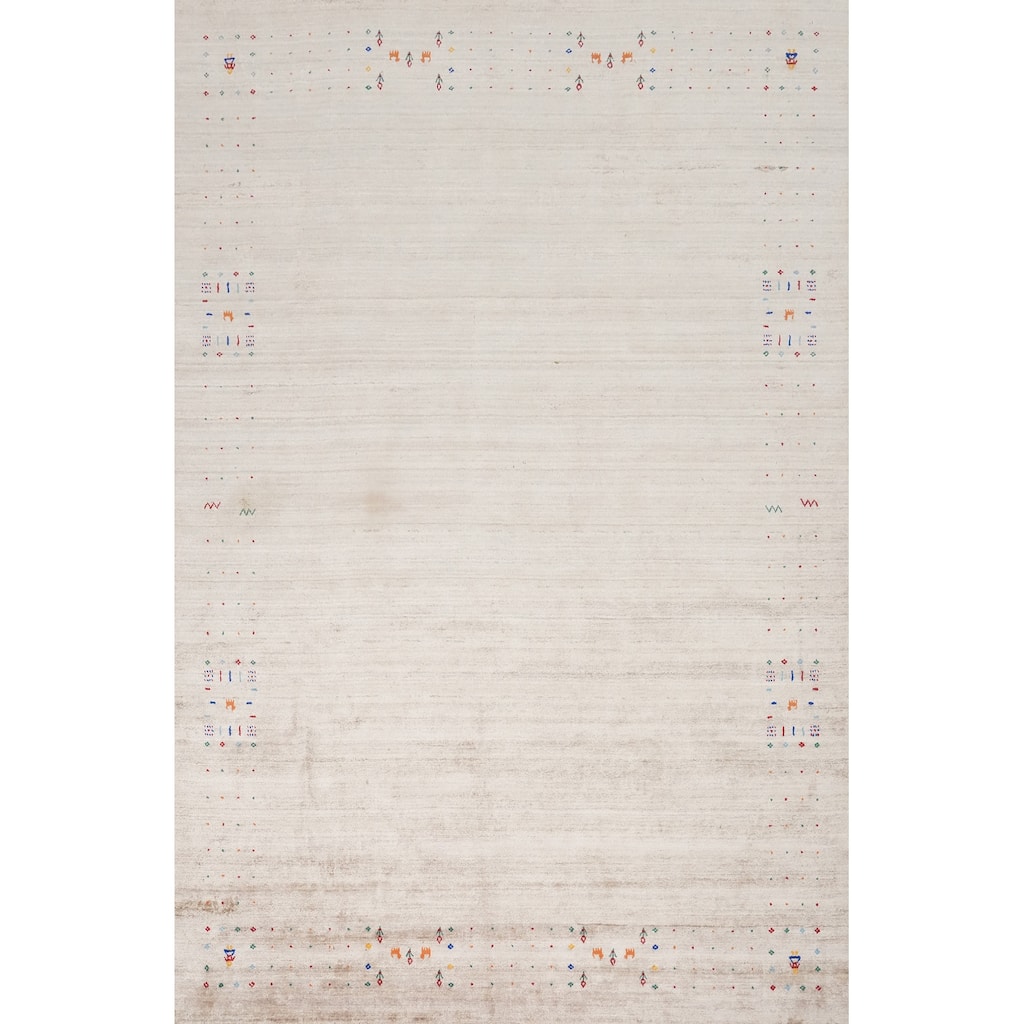 Hand Knotted Oriental Viscose Silk Carpet Tribal Animal Pictorial Beige & Ivories Gabbeh Area Rug - 11' 7'' X 8' 10''