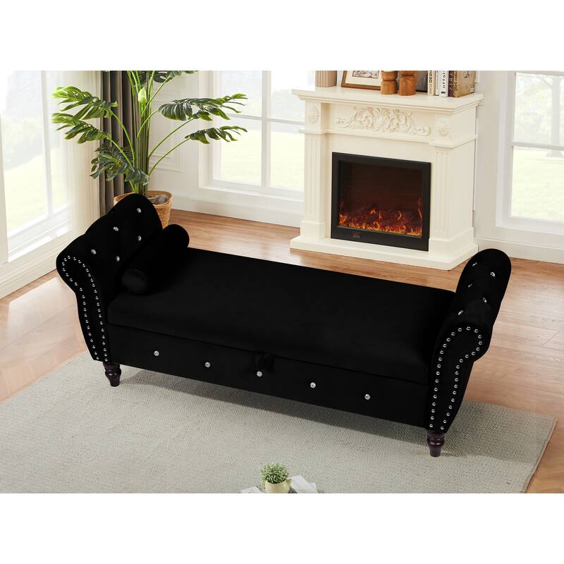 63.38"Multifunctional Storage Rectangular Ottoman Bench Comes with Crystal Buckle Solid Wood Legs with 1 Pillow - Black