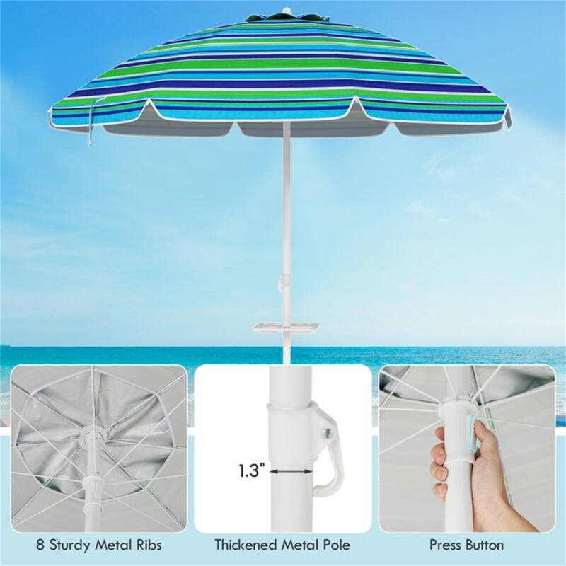 Large 7.2 ft Beach Umbrella with Adjustable Tilt and Sun Protection and Sturdy 8-Rib Frame - 7.2'Dia x 7.2'H