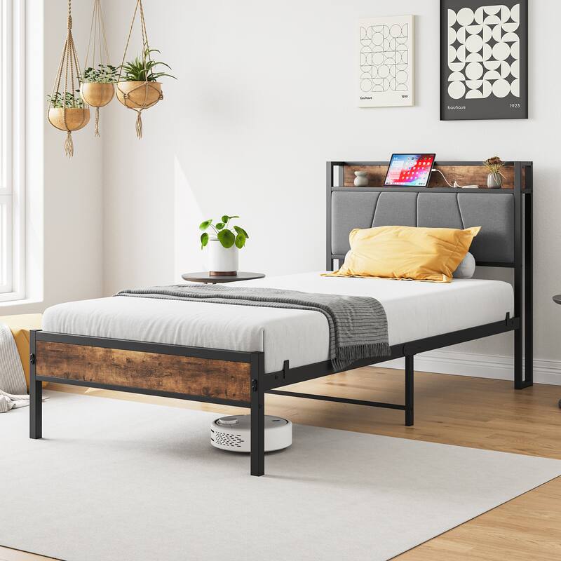 Black Metal and Wood Twin Bed Frame with Storage Headboard, USB Ports and Outlets