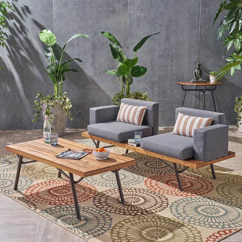 Canoga Outdoor Industrial Loveseat with Coffee Table by Christopher Knight Home - teak finish + dark grey