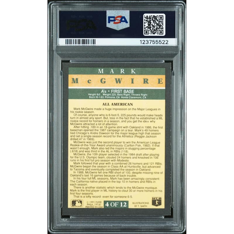 Mark McGwire 1991 Fleer Pro-Visions Signed Baseball Card #4 Graded PSA 4 Auto 10 Cert # 123755522 - 8' x 11'