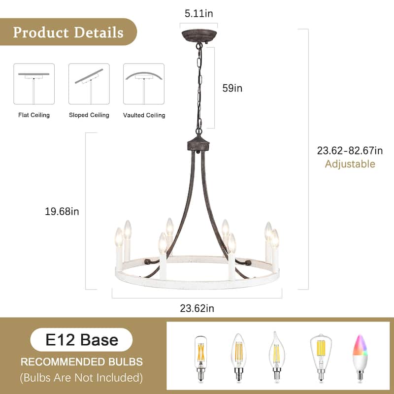 8-Light W23.6" x H82.67" Vintage Rustic Wagon Wheel Chandelier for Living Room