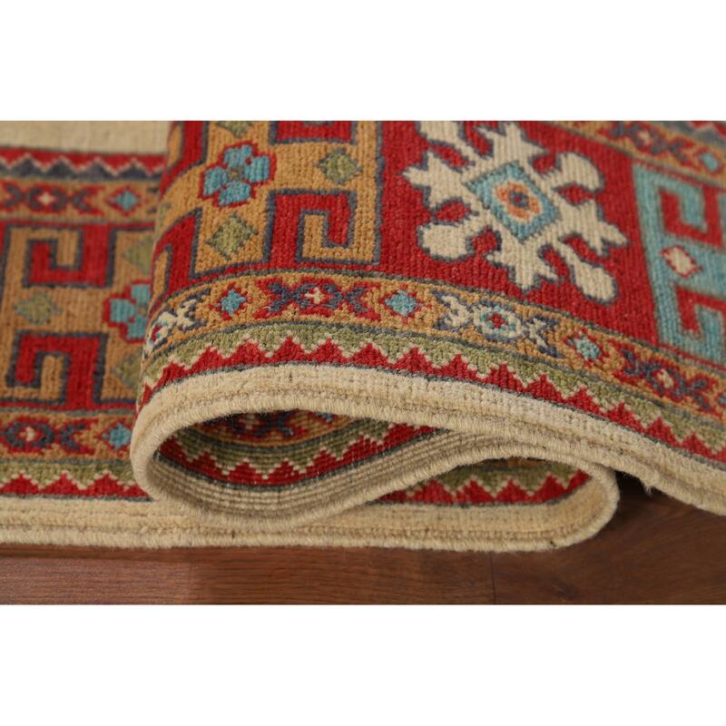 Geometric Kazak Oriental Rug Dining Room Hand-Knotted Wool Carpet - 4'1" x 6'0"