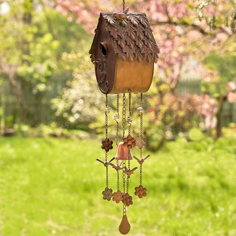 Antique Copper Hanging Birdhouse Wind Chime "Farm House"