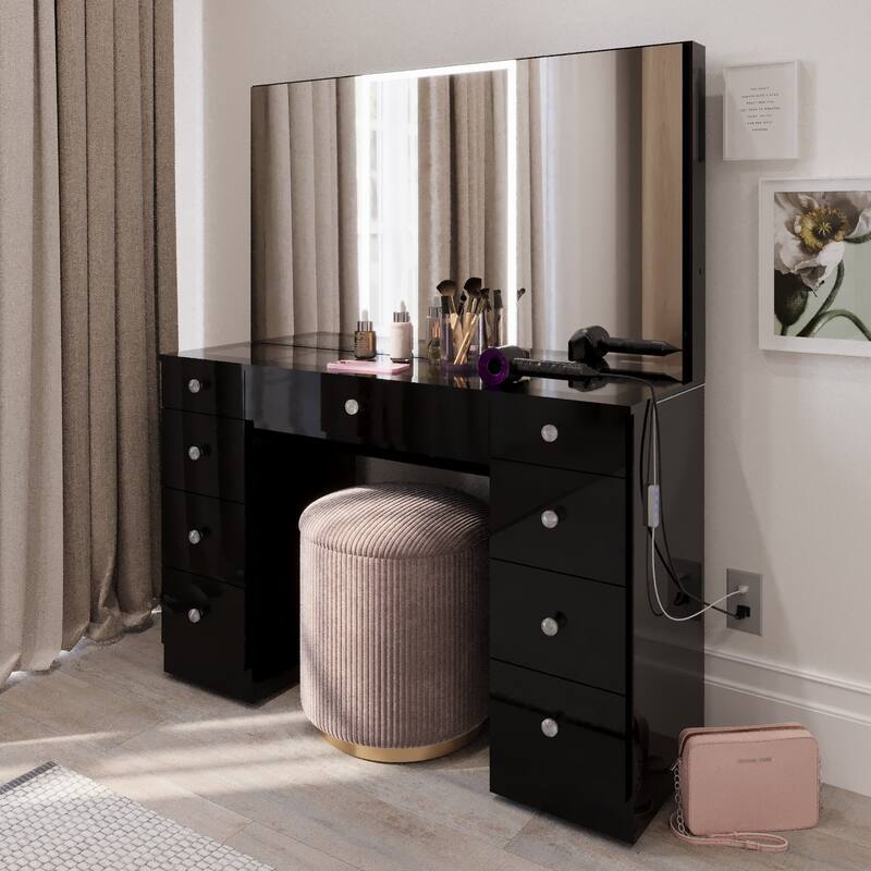 Boahaus w/Tri-Fold Lighted Makeup Vanity Desk With Glam Glass Top 9 Drawers Crystal knobs