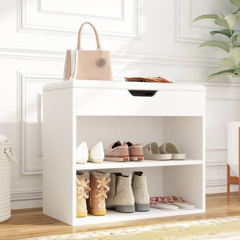 24" Rustic Entryway Shoe Storage Bench Open Shelf (6 Pairs) Shoe Storage Cabinet