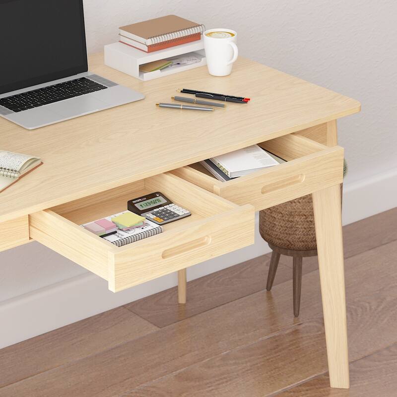 Timechee Beige Wooden Computer Desk, 39" Writing Desk with 2 Drawers