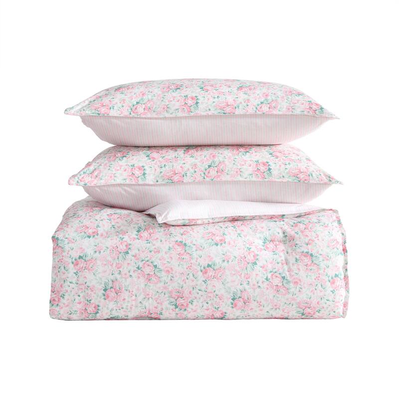 Laura Ashley Pamela's Posies Floral Reversible Stripe Breathable Cotton Comforter Set (Pink)
