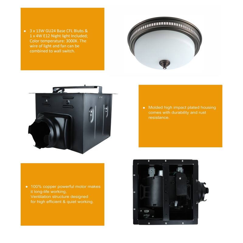 Ultra Quiet Bathroom Exhaust Fan with LED Light and Nightlight 110CFM 1.5 Sone Oil Rubbed Bronze Finish