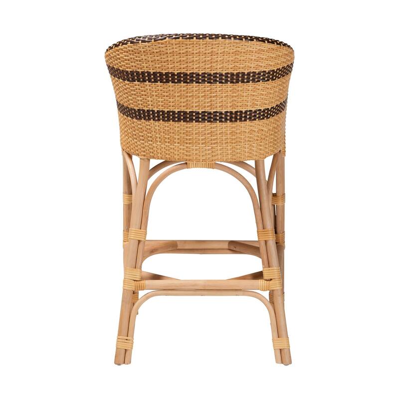 Elma Rattan Counter Stool with Cushion - Barrel-Back Counter Chair with Synthetic and Natural Rattan, Boho Coastal Style