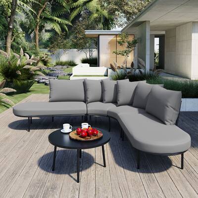 Half-moon Sectional Sofa Set Iron Frame Curved Sofa Set Outdoor All Weather Conversation Sofa Set with Round Coffee Table