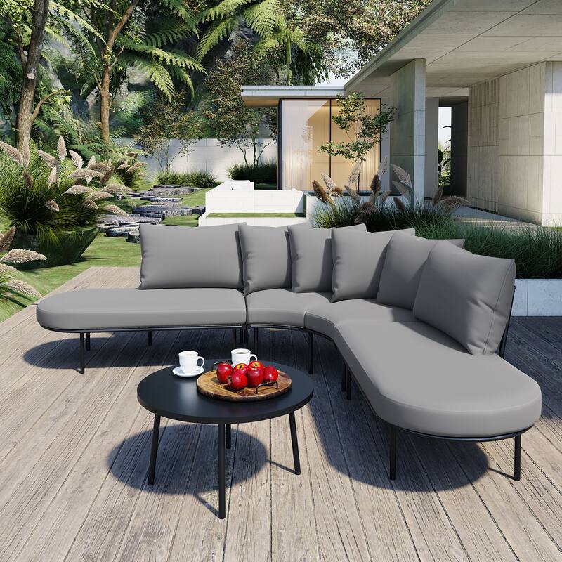 Iron Frame Outdoor Conversation Set for 6 People, All Weather Half Moon Curved Sectional Sofa Set with Coffee Table