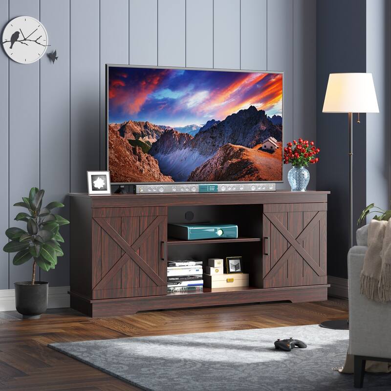 Evelynn Wood Farmhouse TV Stand for 65 Inch TV Sliding Barn Doors Grey White - Espresso
