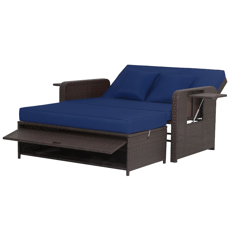 Gymax Rattan Loveseat Set Daybed Lounge Storage Ottoman Side Tables - Blue