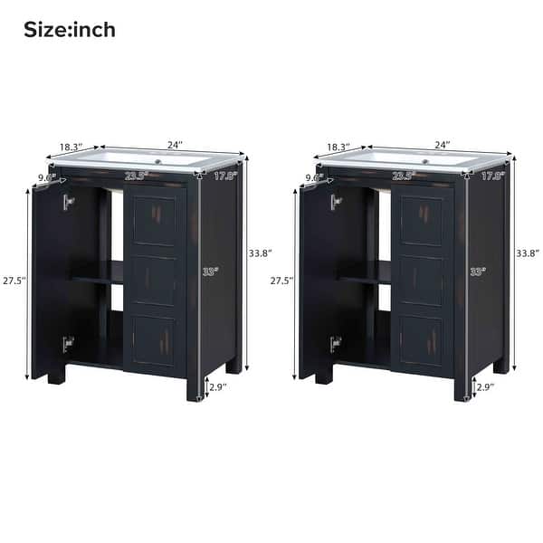 dimension image slide 27 of 35, GDFStudio - Aurora Wood Bathroom Vanity Set with Ceramic Sink and Divided Drawers