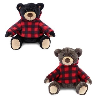 DolliBu Plush Black Bear and Brown Bear with Red Plaid Hoodie - 10Lx8Wx9H inches