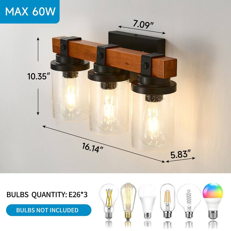3-Light Matte Black And Wooden Wall Lamps With Glass Shades(No Bulbs) For Bathroom Or Bedroom