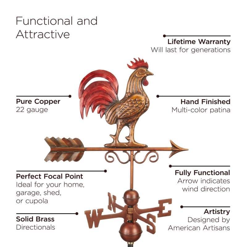Bantam Red Rooster Weathervane - Pure Copper Hand Finished Multi-Color Patina by Good Directions