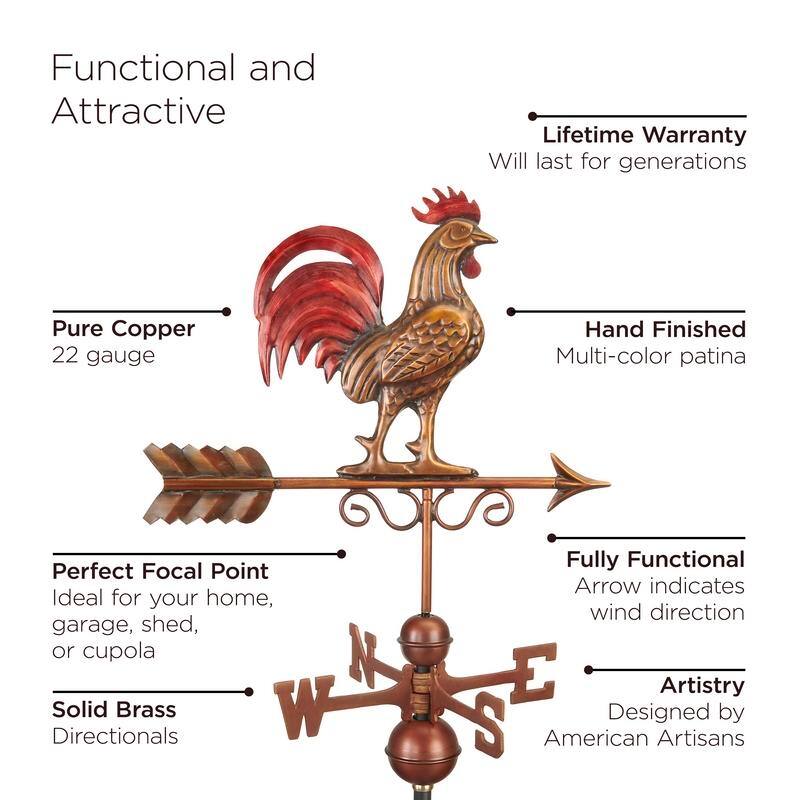 Bantam Red Rooster Weathervane - Pure Copper Hand Finished Multi-Color Patina by Good Directions