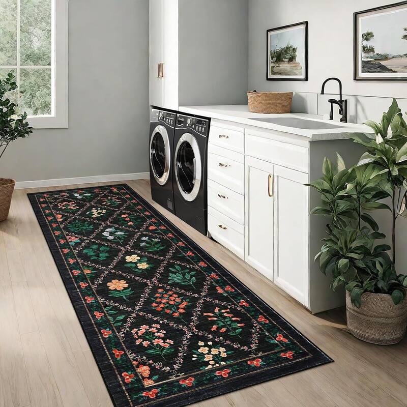 Vintage Floral Washbale Floor Cover Area Rug for Bedroom, Living Room, Black - 1'6" x 2'6"
