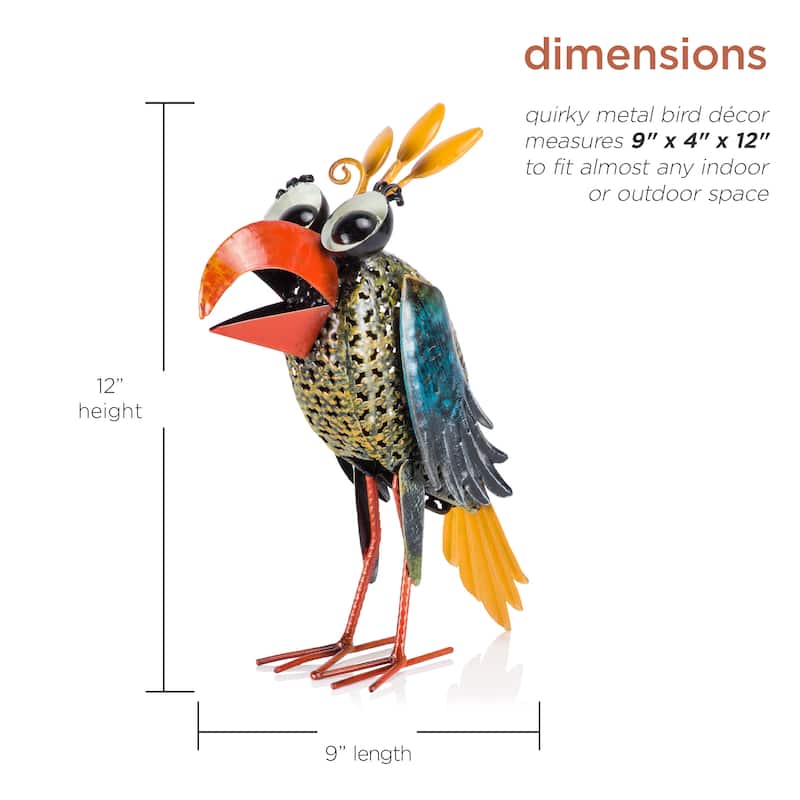 Alpine Corporation 12" Tall Outdoor Metal Wide-Eyed Bird Standing Yard Statue Decoration, Multicolor