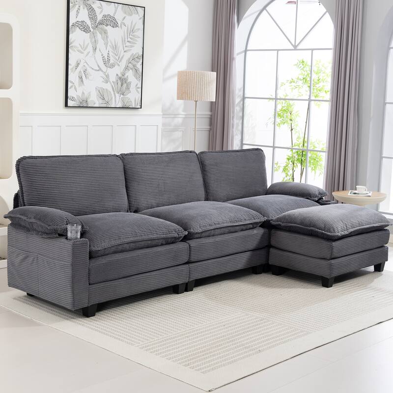 L-Shaped Modular Sectional Sofa with Ottoman, Oversized Corduroy Upholstered Cloud Couch with Cup Holders & Side Pockets