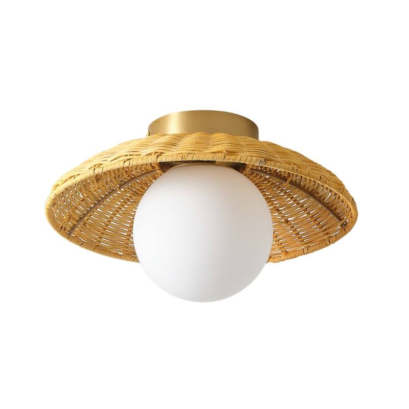Farmhouse 1-Light Brass Semi-Flush Mount Ceiling Light with Handwoven Rattan Shade