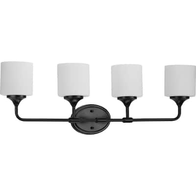 Lynzie Collection Four-Light Matte Black Etched Opal Glass Modern Bath Vanity Light - 33.25 in x 5.625 in x 11.125 in