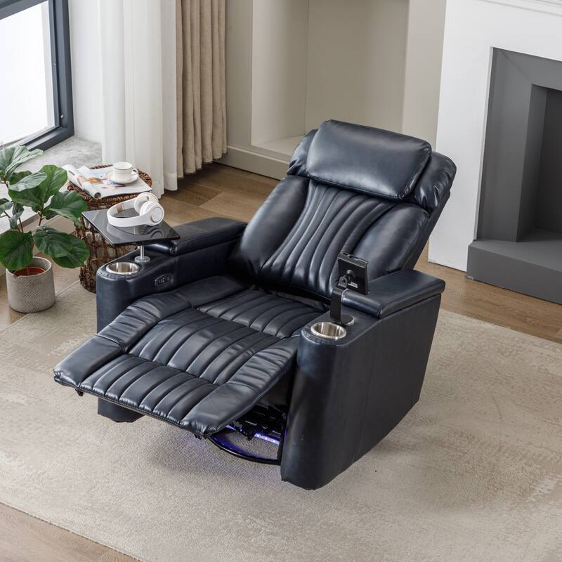 270° Power Swivel Recliner,Home Theater Seating With Hidden Arm Storage and LED Light Strip,Cup Holder