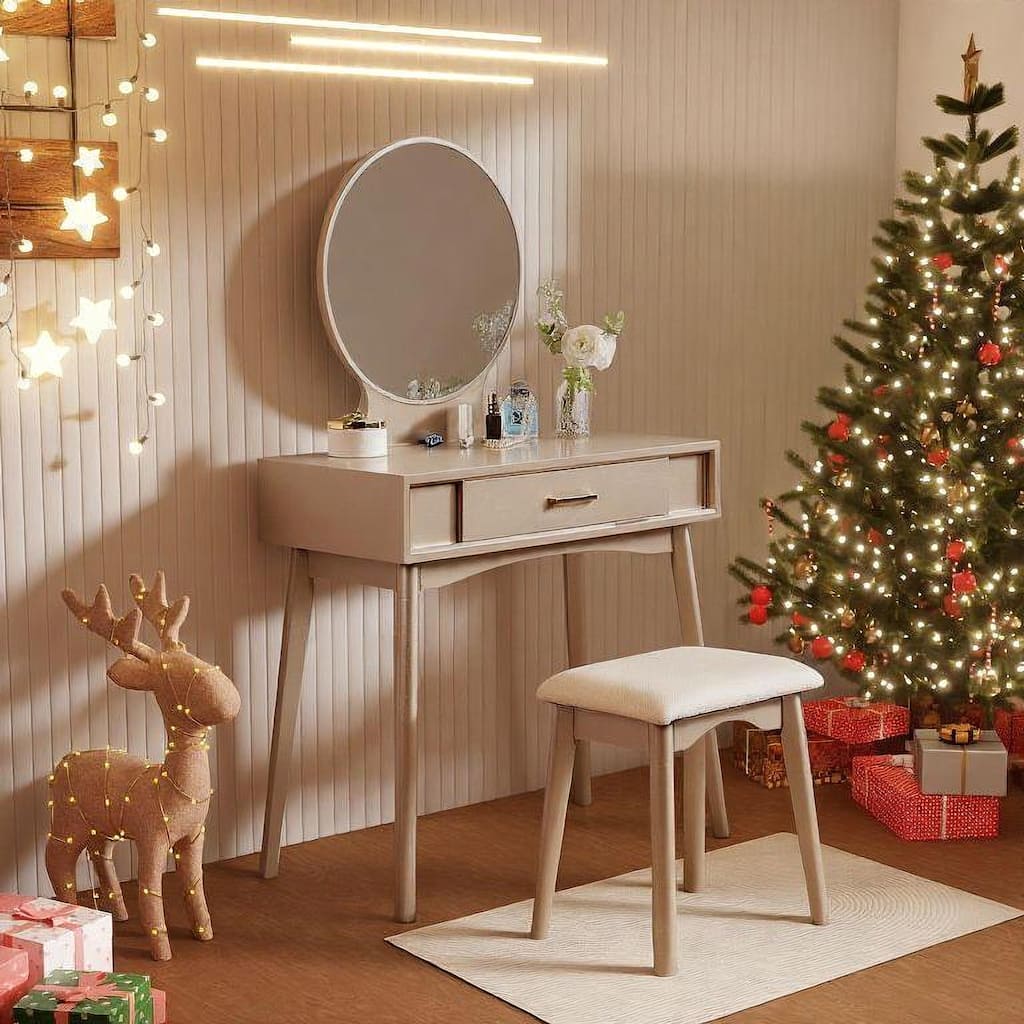 Contemporary Wood Vanity and Stool Set