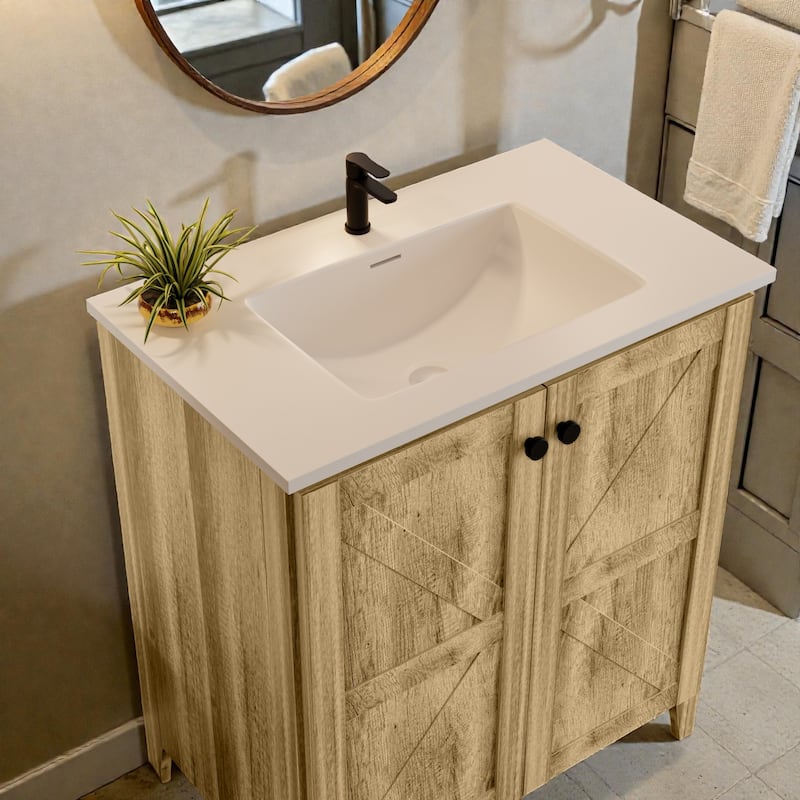 30 Inch Folding Bathroom Floor Cabinet with Ceramic Sink, 1-Minute Tool-Free Install, Space-Saving Freestanding Vanity