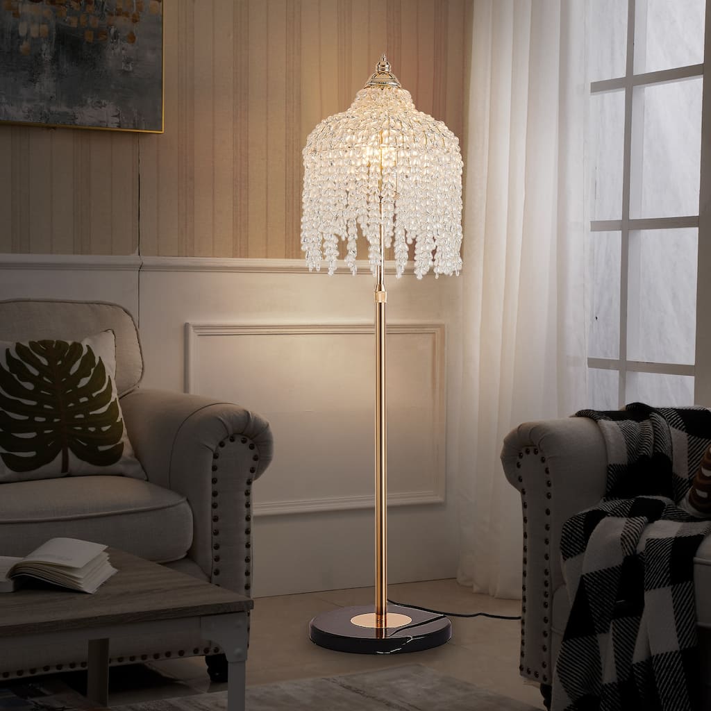 3-Light Elegant Crystal Floor Lamp - Vintage Waterfall Design with Grape-Shaped Crystal Bead Strings and Marble Texture Base