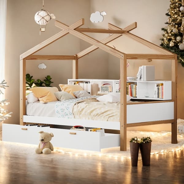 slide 2 of 7, Full Size Wooden House Bed, Kids Bed Frame with 2 Drawers and Bookshelf Storage Space Walnut - Full
