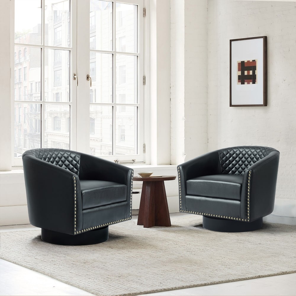 Faux Leather Nailheads Swivel Barrel Chair Set of 2