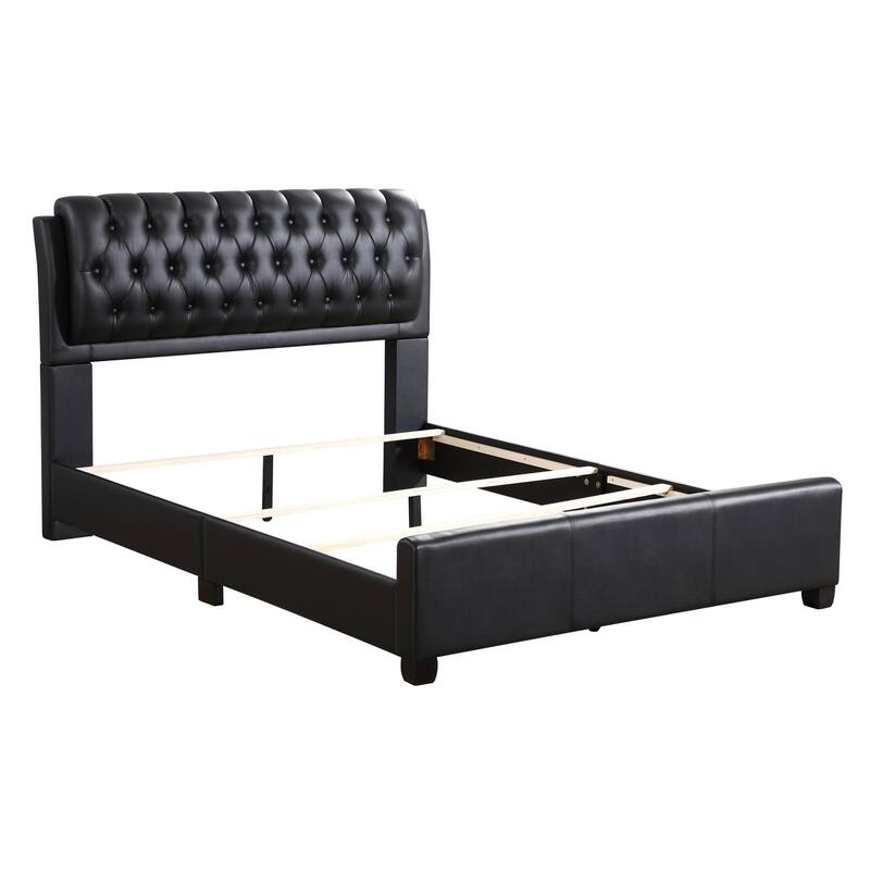 Modern Upholstered Bed Frame, Faux Leather Platform Bed with Headboard, BLACK