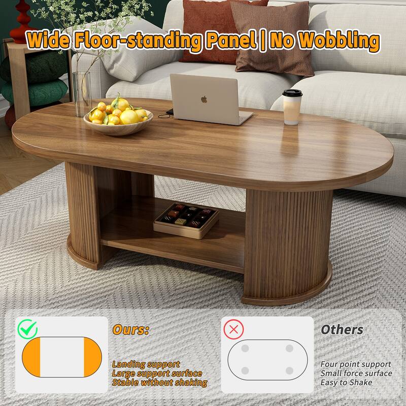 47" Oval Fluted Farmhouse Wood Coffee Table, Mid-Century 2-Tier with Storage, Walnut