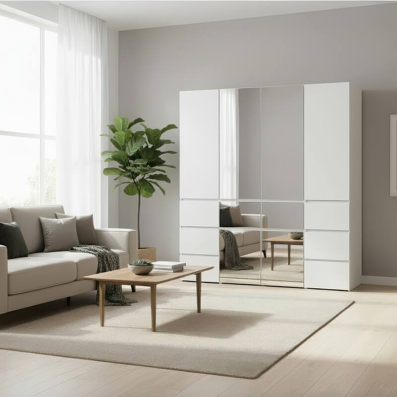 Elise Modular Wood Closet System with Mirror in White - 62.8"D x 17.72"W x 70.9"H