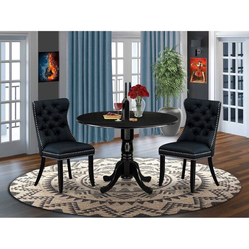 3-Piece Black Finish Solid Wood Top-Round Upholstered Dining Room Set -Seats 4