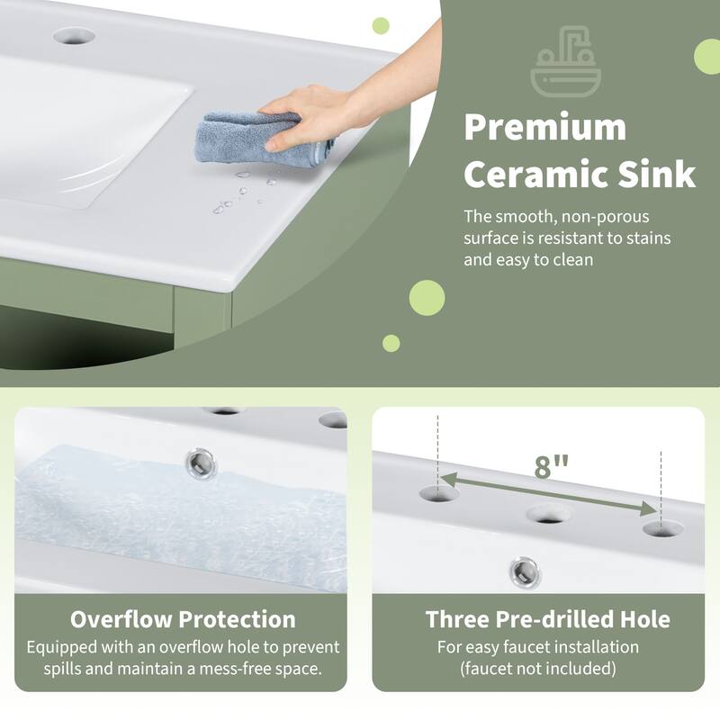 30-inch Bathroom Vanity with a Soft Close Glass Door, Adjustable Shelves, and Three Drawers
