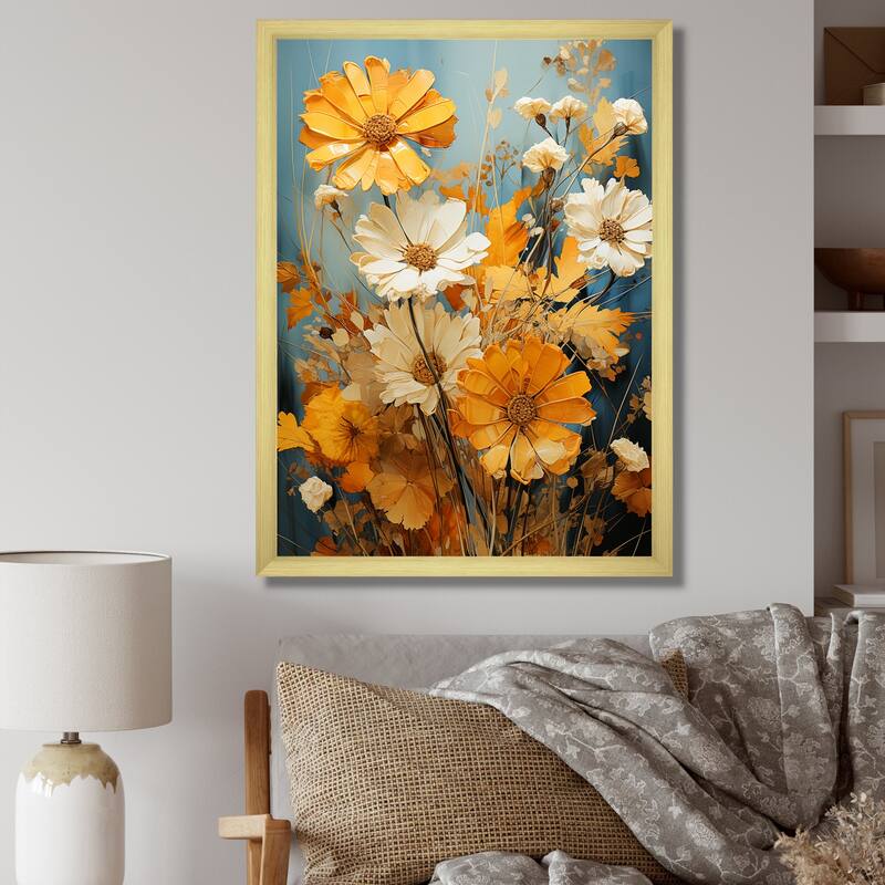 Designart "Vintagea Sunshine Sunflowers II" Sunflowers Framed Wall Art Prints - 12 in. wide x 20 in. high - Gold