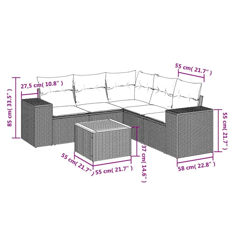 vidaXL Patio Sofa Set with Cushions Outdoor Furniture 6 Piece Poly Rattan - 24.4x 24.4x 27.2