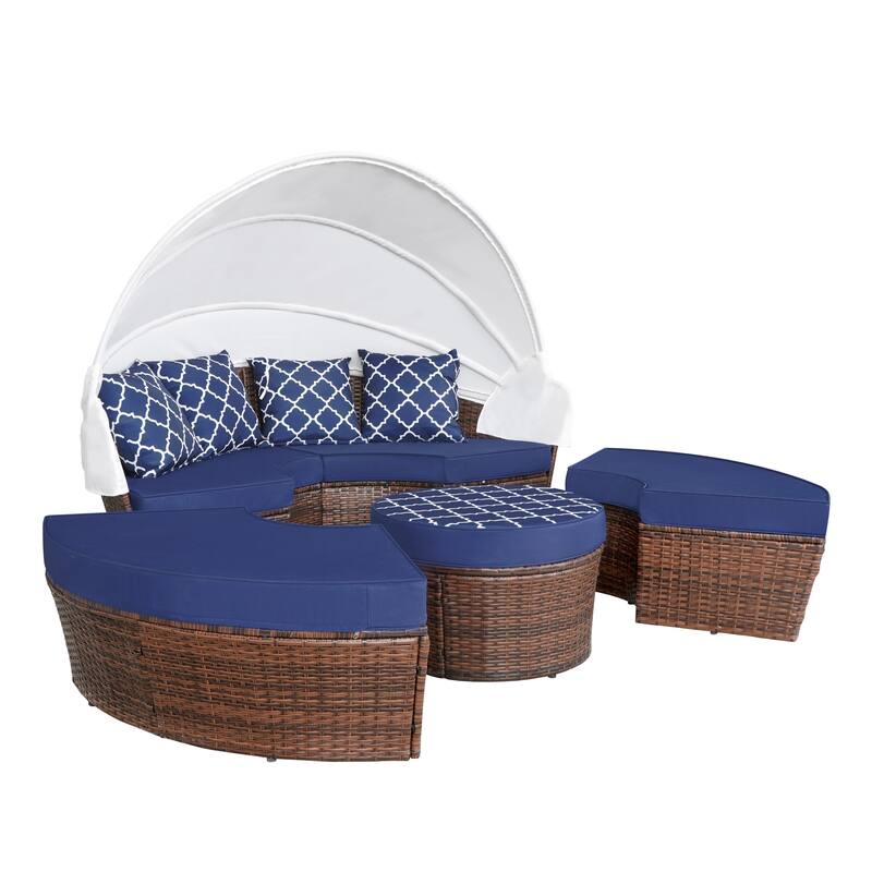 Ledel Wicker Outdoor Daybed 5-piece Sectional Sofa Set With Retractable Canopy and Cushions