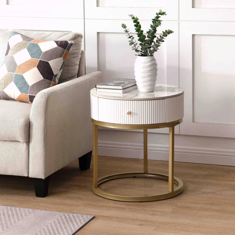 19.68 Inch Modern Round Marble Side Table with Drawer and Storage - White