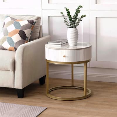 19.68 Inch Modern Round Marble Side Table with Drawer and Storage