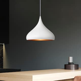 1-Light 12 in. White Single Pendant with Teardrop Metal Shade
