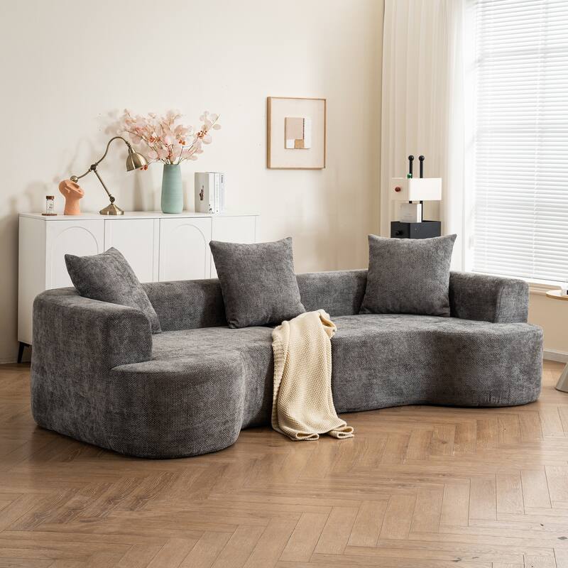 Modern style curved sofa, soft cushioned corduroy sofa with 3 pillows, living room super smooth curved fabric sofa Gray
