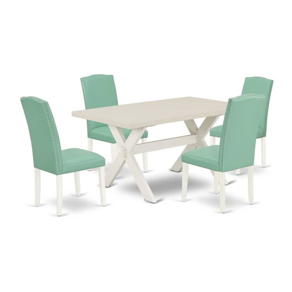 HomeStock 5-Piece Rectangle Natural Oak Finish Solid Wood Top Dining Table with 4 Upholstered-Chairs with Lattice Back