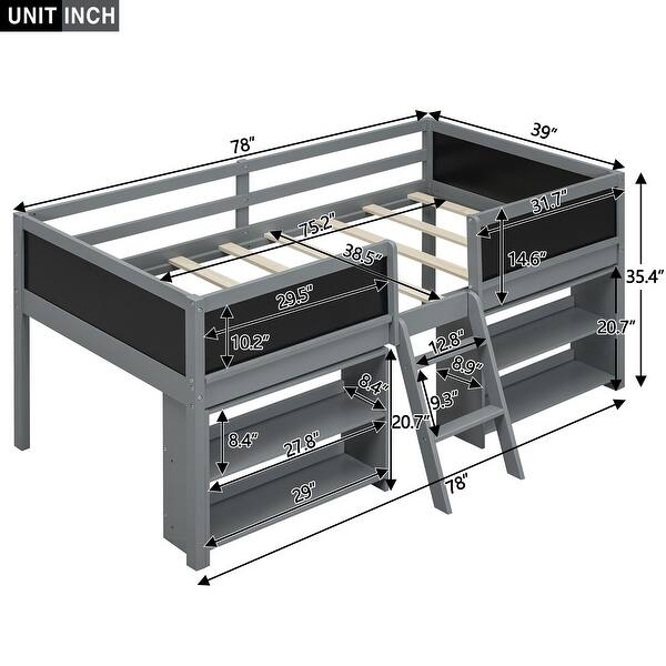 dimension image slide 1 of 2, Twin Size Low Loft Bed with Two Movable Shelves, Ladder and Chalkboard, Kids Low Loft Bed Frame No Box Spring Needed for Boys