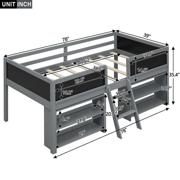 Twin Size Low Loft Kids Bed Frame with Movable Shelves, Decorative Chalkboard & Guardrails for Bedroom, Easy Assembly, Grey